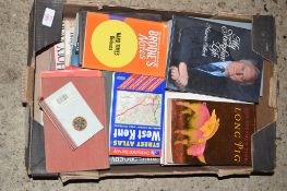 BOX OF MIXED BOOKS, VARIOUS TITLES, SOME STREET ATLASES AND HARDBACK NOVELS