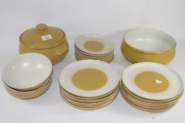 DENBY WARES, ALL WITH LIGHT BROWN AND WHITE DESIGN, INCLUDING 12 PLATES, SERVING DISH AND COVER,