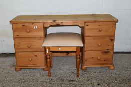 MODERN PINE DRESSING TABLE, LENGTH APPROX 133CM, TOGETHER WITH SIMILAR UPHOLSTERED STOOL