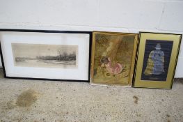 QUANTITY OF MIXED PICTURES, FRAMED INCLUDING A PRINT OF A RIVER SCENE, VINTAGE FRENCH EMBROIDERY