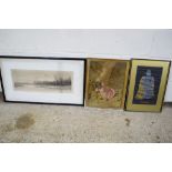 QUANTITY OF MIXED PICTURES, FRAMED INCLUDING A PRINT OF A RIVER SCENE, VINTAGE FRENCH EMBROIDERY