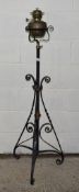 VINTAGE WROUGHT IRON LAMP STANDARD, COMPLETE WITH OIL LAMP, HEIGHT APPROX 143CM