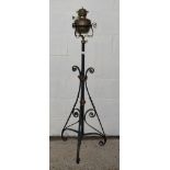 VINTAGE WROUGHT IRON LAMP STANDARD, COMPLETE WITH OIL LAMP, HEIGHT APPROX 143CM