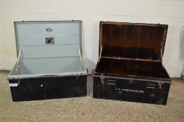 SIMILAR PAIR OF VINTAGE TIN TRAVELLING TRUNKS, EACH APPROX LENGTH 91CM