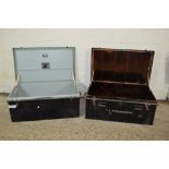 SIMILAR PAIR OF VINTAGE TIN TRAVELLING TRUNKS, EACH APPROX LENGTH 91CM