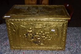 BRASS CASED KINDLING BOX, WIDTH APPROX 46CM