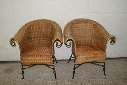 PAIR OF WICKER CONSERVATORY TUB CHAIRS, EACH WIDTH APPROX 76CM