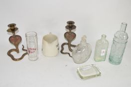 GLASS WARES INCLUDING A COMMEMORATIVE MODEL OF A CROWN AND TWO METAL CANDLESTICKS