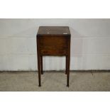 SMALL STAINED OAK SEWING BOX RAISED ON TAPERED LEGS WITH DRAWER BENEATH, WIDTH APPROX 36CM, WITH