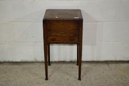 SMALL STAINED OAK SEWING BOX RAISED ON TAPERED LEGS WITH DRAWER BENEATH, WIDTH APPROX 36CM, WITH