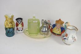 CERAMIC ITEMS INCLUDING A NOVELTY STAFFORDSHIRE TEA POT, TOBY JUG ETC