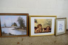 QUANTITY OF VARIOUS FRAMED PICTURES INCLUDING MODERN OIL RIVER SCENE, A CHERUB ETC