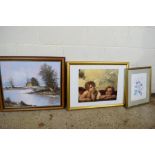 QUANTITY OF VARIOUS FRAMED PICTURES INCLUDING MODERN OIL RIVER SCENE, A CHERUB ETC