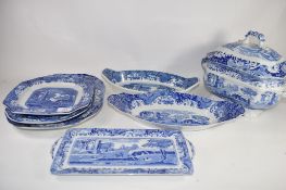 BLUE AND WHITE ITEMS, MAINLY SPODE ITALIAN PATTERN, COMPRISING SERVING DISHES AND A TUREEN AND