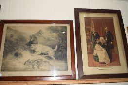 FRAMED ENGRAVING "THE RABBIT FANCIERS" DEPICTING TERRIERS RABBITING, APPROX 47 X 64CM