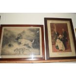 FRAMED ENGRAVING "THE RABBIT FANCIERS" DEPICTING TERRIERS RABBITING, APPROX 47 X 64CM