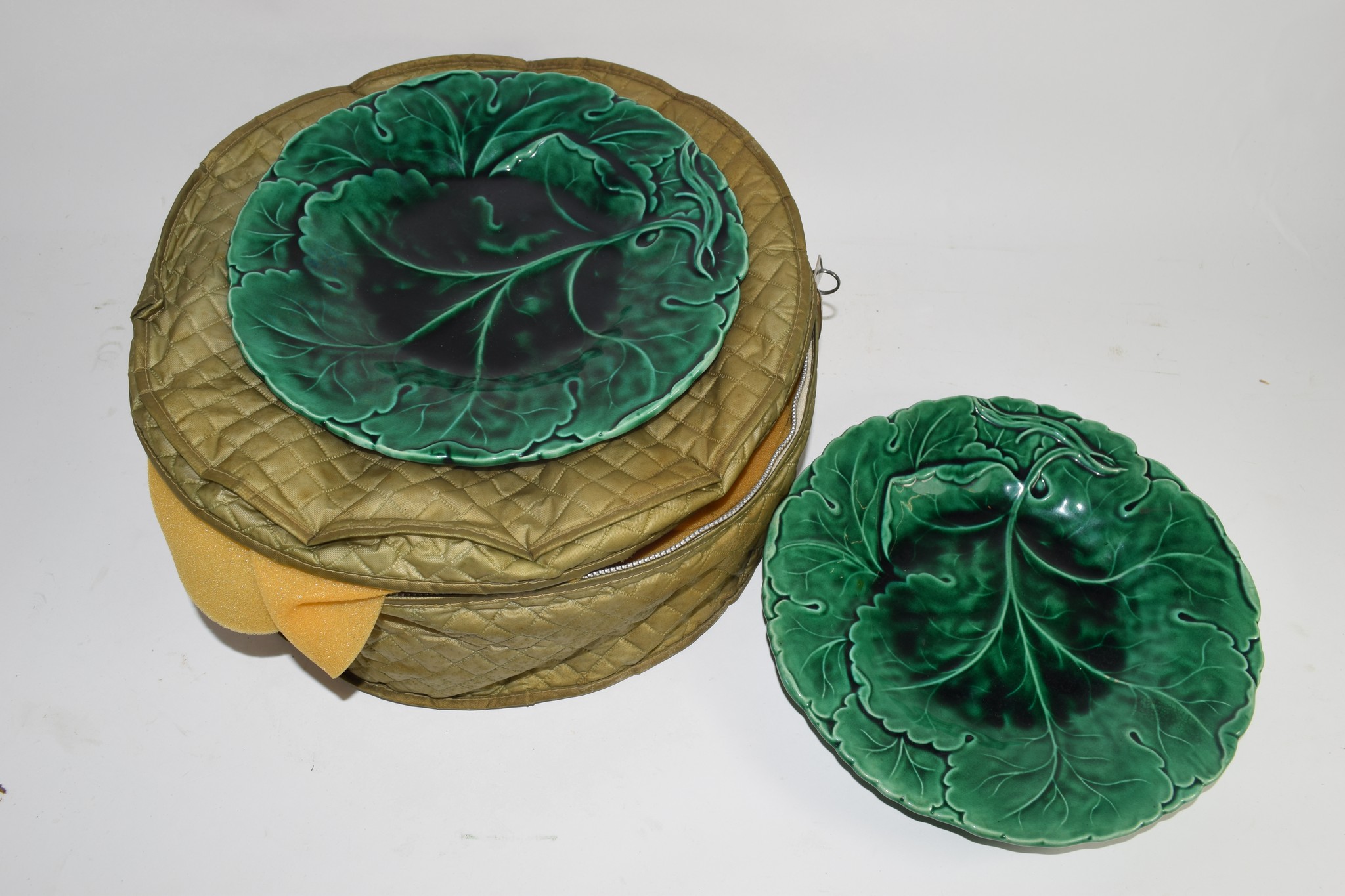 NINE MINTON GREEN GLAZED LEAF MOULDED PLATES