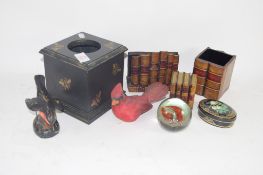 WOODEN TREEN ITEMS INCLUDING BOX PAINTED WITH BEES, MODEL OF A FINCH, PAPERWEIGHT ETC