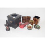 WOODEN TREEN ITEMS INCLUDING BOX PAINTED WITH BEES, MODEL OF A FINCH, PAPERWEIGHT ETC