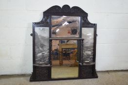 CARVED HALL MIRROR WITH INTEGRAL SHELF AND PRINTS OF CATTLE IN HIGHLAND SCENES, WIDTH APPROX 90CM