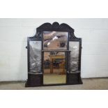 CARVED HALL MIRROR WITH INTEGRAL SHELF AND PRINTS OF CATTLE IN HIGHLAND SCENES, WIDTH APPROX 90CM