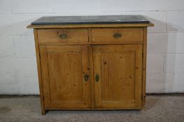 VINTAGE PINE KITCHEN CABINET/WASH STAND COMPRISING TWO DRAWERS OVER DOUBLE CUPBOARD WITH MARBLE TOP,