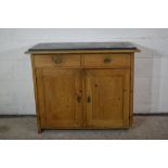 VINTAGE PINE KITCHEN CABINET/WASH STAND COMPRISING TWO DRAWERS OVER DOUBLE CUPBOARD WITH MARBLE TOP,