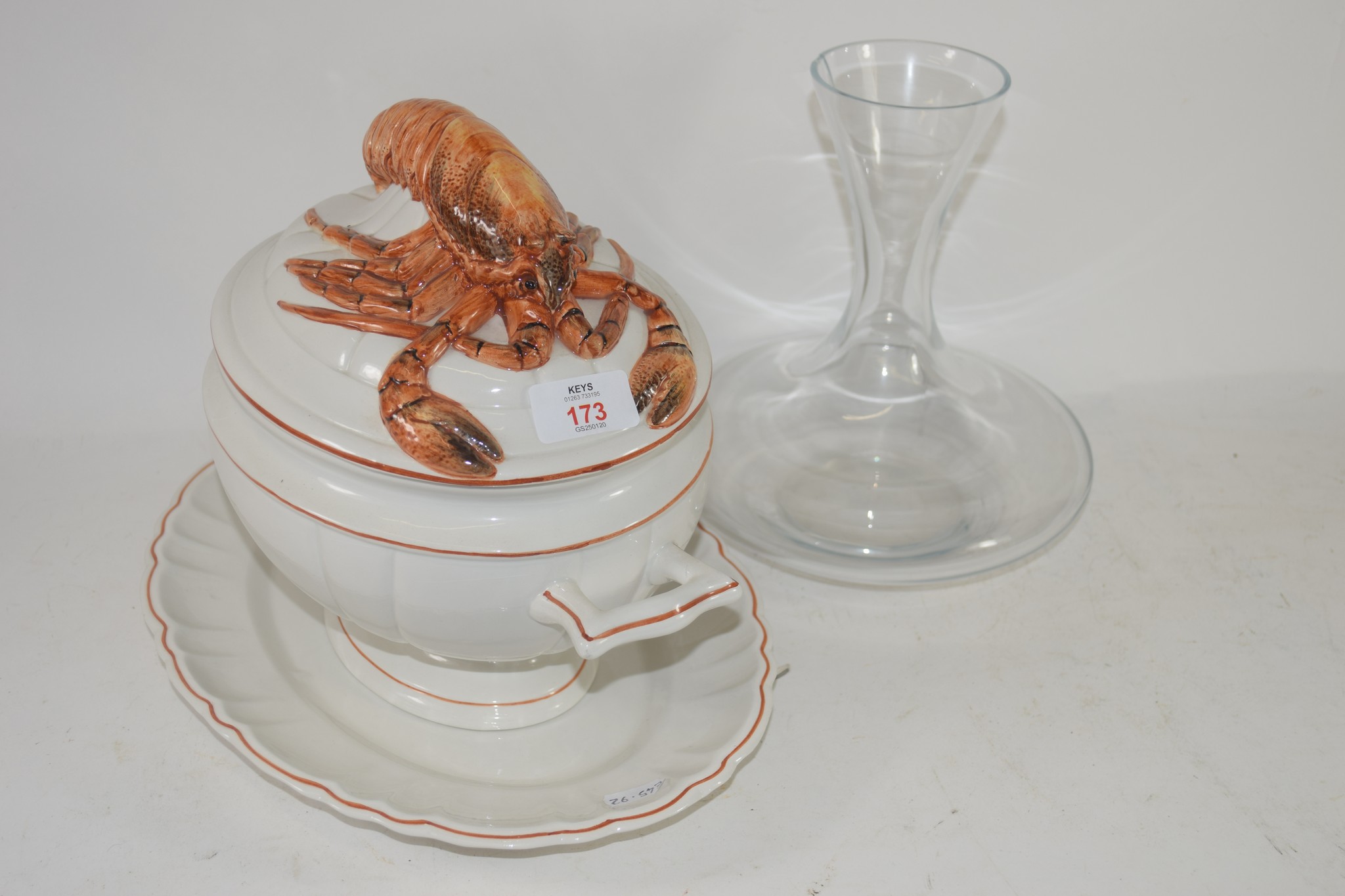 LARGE TUREEN AND COVER WITH FINIAL MODELLED AS A LOBSTER, TOGETHER WITH A LARGE GLASS VASE