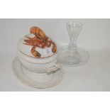 LARGE TUREEN AND COVER WITH FINIAL MODELLED AS A LOBSTER, TOGETHER WITH A LARGE GLASS VASE