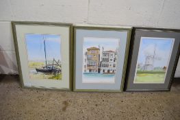 QUANTITY OF VARIOUS FRAMED PICTURES INCLUDING A WATERCOLOUR OF A BOAT IN MARSHES, MIXED MEDIA