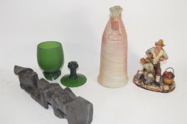 BOX CONTAINING CERAMIC ITEMS INCLUDING A FIGURINE OF A POTTER, BOXED GLASSES, LARGE PAINTED WOODEN