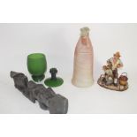 BOX CONTAINING CERAMIC ITEMS INCLUDING A FIGURINE OF A POTTER, BOXED GLASSES, LARGE PAINTED WOODEN