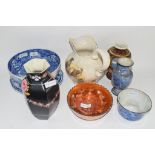 POTTERY ITEMS INCLUDING A COPELAND SPODE ITALIAN PATTERN BOWL, TWO PIECES OF CARNIVAL GLASS, BOTH