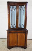 GOOD QUALITY MAHOGANY CORNER DISPLAY CABINET WITH ASTRAGAL GLAZED DISPLAY OVER DOUBLE DRAWER