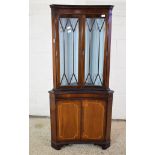 GOOD QUALITY MAHOGANY CORNER DISPLAY CABINET WITH ASTRAGAL GLAZED DISPLAY OVER DOUBLE DRAWER