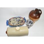 CERAMIC ITEMS, BLUE AND WHITE TRAY WITH A SCENE FROM BRITISH HISTORY BY JONES & SON, TOGETHER WITH A