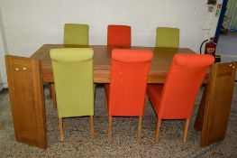 LARGE SOLID MODERN OAK DINING TABLE, APPROX 245 X 90CM, TOGETHER WITH A SET OF SIX BI-COLOURED