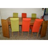 LARGE SOLID MODERN OAK DINING TABLE, APPROX 245 X 90CM, TOGETHER WITH A SET OF SIX BI-COLOURED