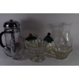 GLASS WARES AND A LARGE GLASS COFFEE POT