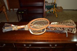 SELECTION OF VINTAGE RACKETS, LACROSSE STICK ETC