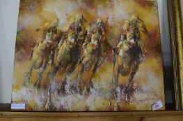 MODERN OIL ON CANVAS DEPICTING FOUR RACING HORSES, APPROX 40 X 48CM