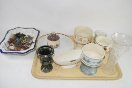 TRAY CONTAINING GLASS AND CERAMICS INCLUDING CUT GLASS VASE, CERAMIC VASES AND JUGS