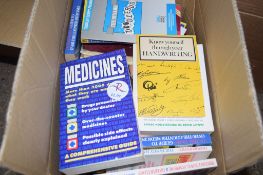 BOX OF MIXED BOOKS, NOVELS, MEDICINES, HANDWRITING, MASSAGE