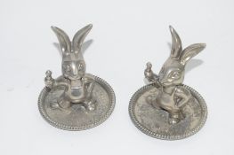 PAIR OF METAL RING TRAYS, SILVER PLATED MODELLED AS RABBITS