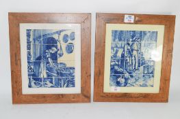 TWO SMALL DELFT TILES IN WOODEN FRAME WITH DUTCH SCENES