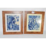 TWO SMALL DELFT TILES IN WOODEN FRAME WITH DUTCH SCENES