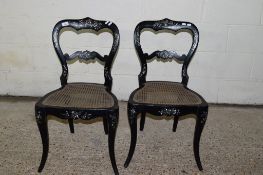 PAIR OF CANE SEATED BEDROOM CHAIRS INSET WITH MOTHER OF PEARL DECORATION, HEIGHT APPROX 80CM