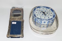 SILVER PLATED PHOTOGRAPH FRAMES TOGETHER WITH A DELFT CLOCK