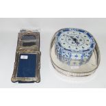 SILVER PLATED PHOTOGRAPH FRAMES TOGETHER WITH A DELFT CLOCK