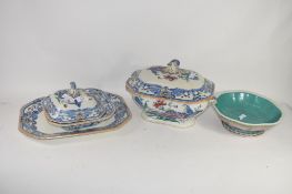 DINNER WARES BY MASONS IRONSTONE INCLUDING TWO CASSEROLES AND COVERS, SERVING DISH AND FURTHER